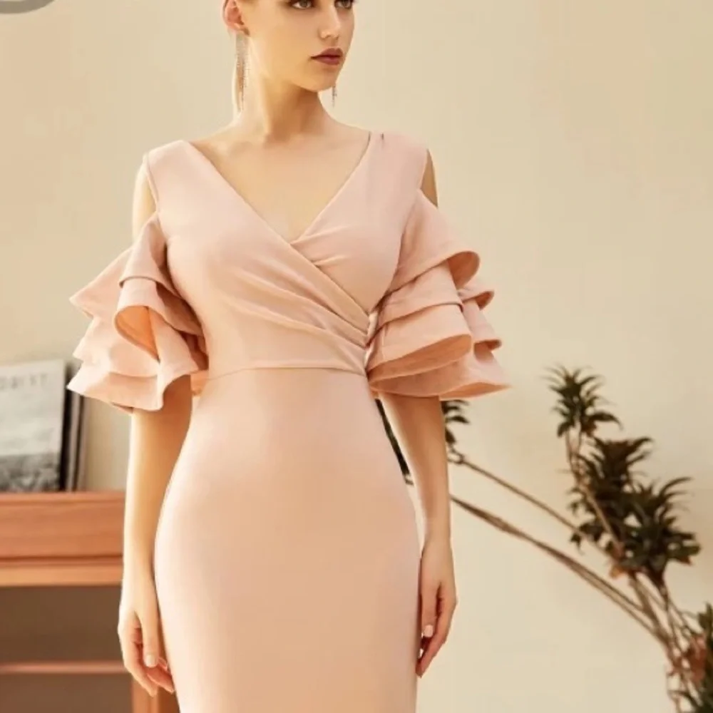 Bodycon Club Dress Sexy Deep V Neck Ruffles Butterfly Short Sleeve Midi size M